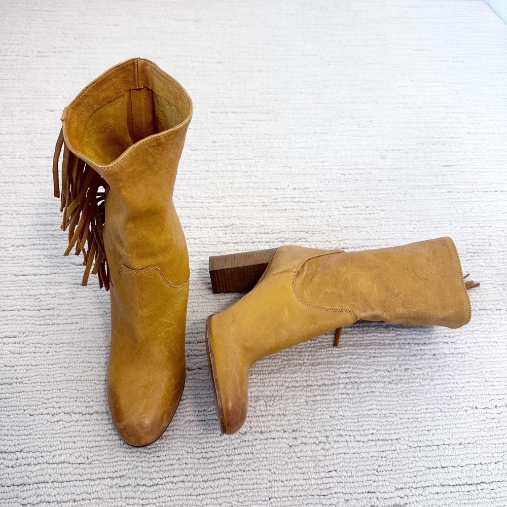 FREE PEOPLE Wild Rose Women's 40 Mustard Leather Boots Fringe Slouch Cowgirl - Picture 8 of 9
